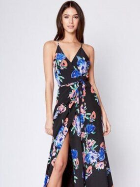 Yumi Kim Rush Hour Black Pink Floral Silk Wrap Maxi Dress in Ivy Blossom Size S